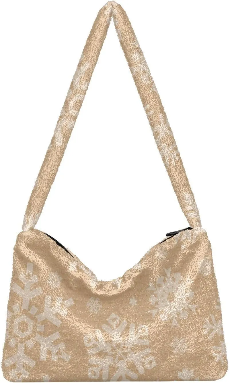 Fluffy Shoulder Bag Cute Plush Underarm Bags Women Ladies Tote Bag Girl Furry Purse Handbag for Autumn and Winter Snowflakes on Cardboard Background