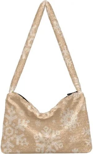 Fluffy Shoulder Bag Cute Plush Underarm Bags Women Ladies Tote Bag Girl Furry Purse Handbag for Autumn and Winter Snowflakes on Cardboard Background