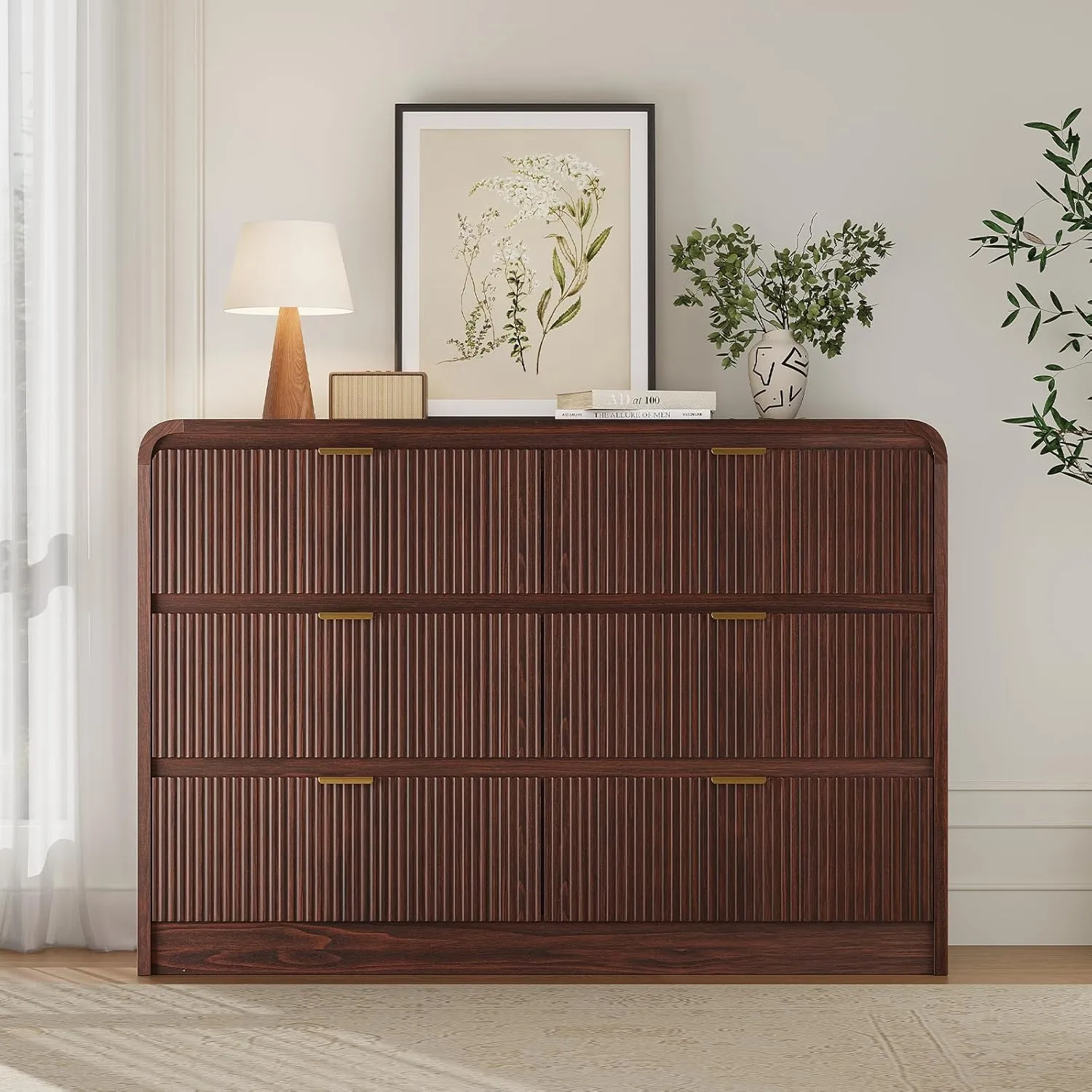 Fluted 6 Drawers Dresser for Bedroom, 54" Wide Wooden Dresser with Metal Handle, Curved Profile Design, Modern Storage Organizer for Living Room, Hallway (Walnut)