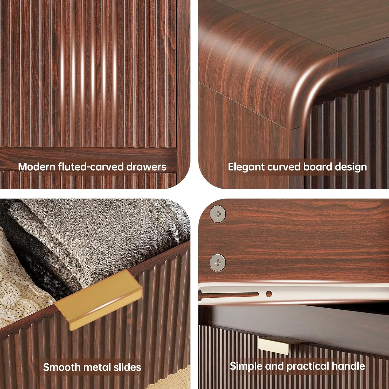 Fluted 6 Drawers Dresser for Bedroom, 54" Wide Wooden Dresser with Metal Handle, Curved Profile Design, Modern Storage Organizer for Living Room, Hallway (Walnut)