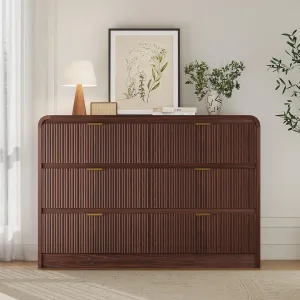 Fluted 6 Drawers Dresser for Bedroom, 54" Wide Wooden Dresser with Metal Handle, Curved Profile Design, Modern Storage Organizer for Living Room, Hallway (Walnut)