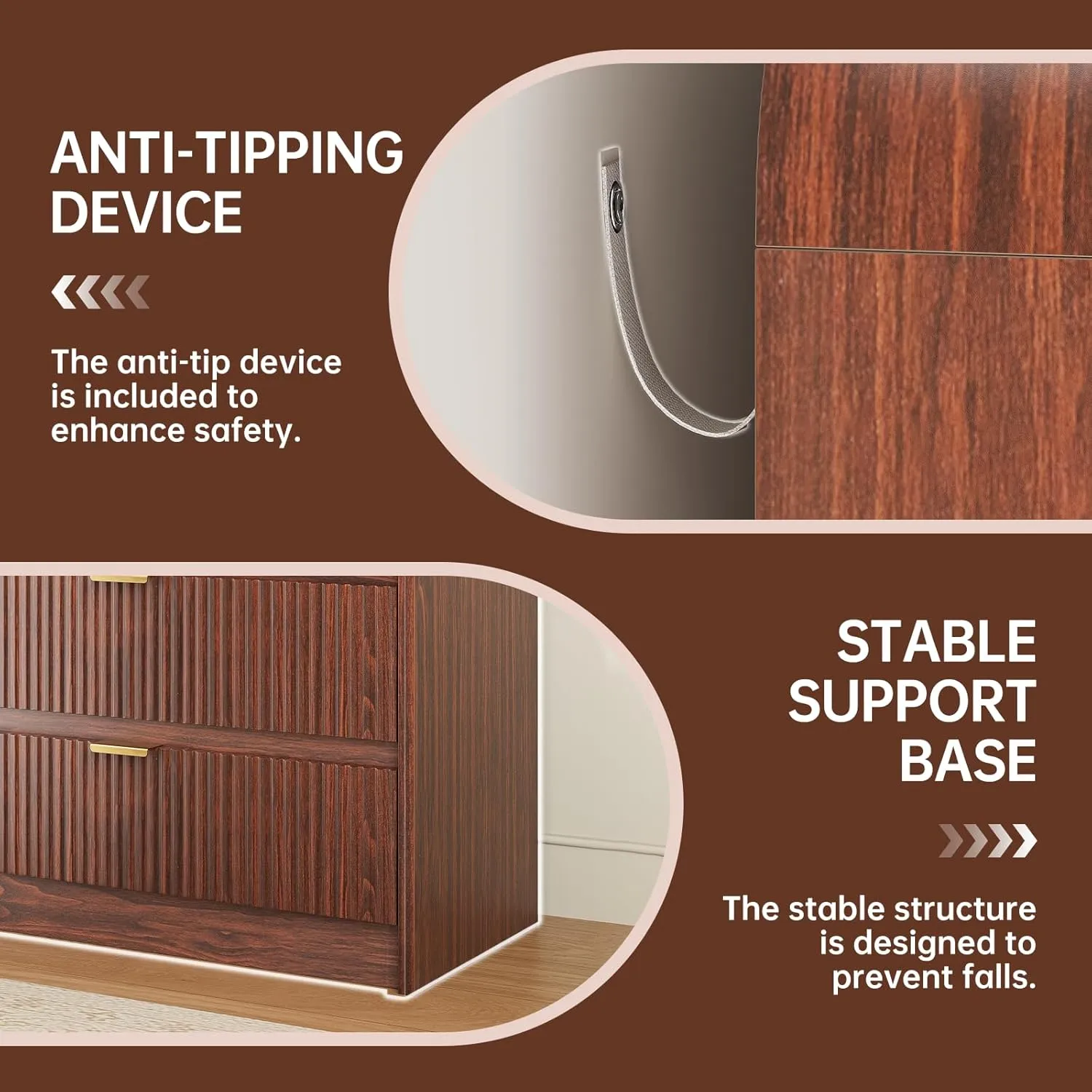 Fluted 6 Drawers Dresser for Bedroom, 54" Wide Wooden Dresser with Metal Handle, Curved Profile Design, Modern Storage Organizer for Living Room, Hallway (Walnut)
