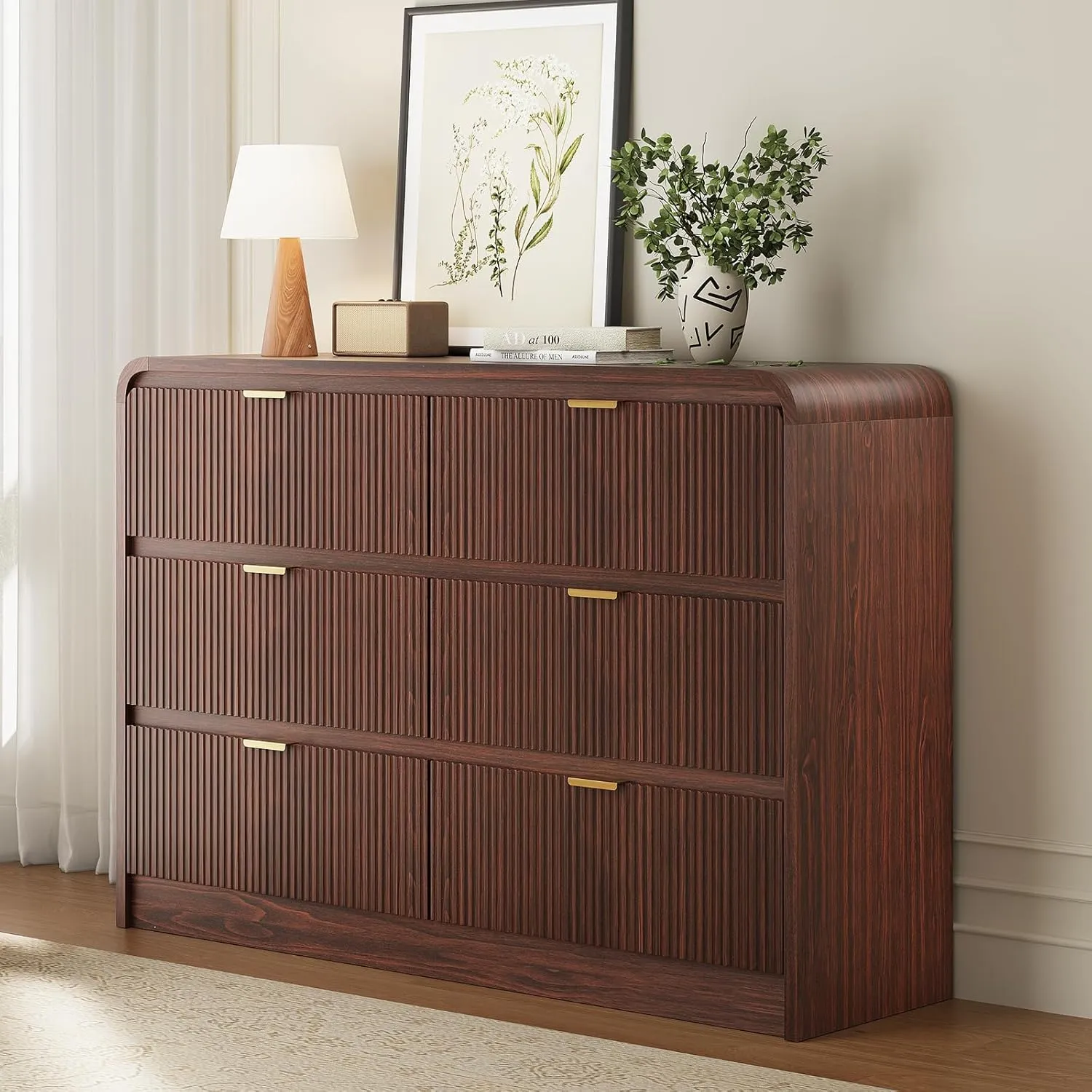 Fluted 6 Drawers Dresser for Bedroom, 54" Wide Wooden Dresser with Metal Handle, Curved Profile Design, Modern Storage Organizer for Living Room, Hallway (Walnut)