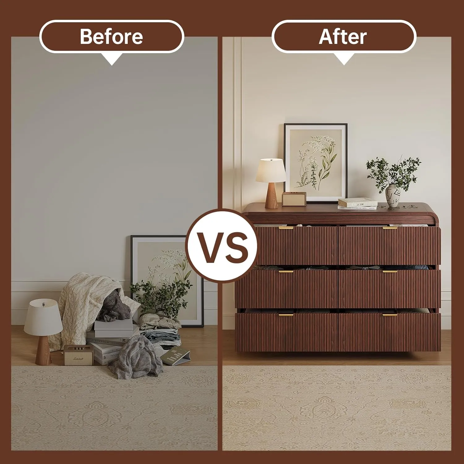 Fluted 6 Drawers Dresser for Bedroom, 54" Wide Wooden Dresser with Metal Handle, Curved Profile Design, Modern Storage Organizer for Living Room, Hallway (Walnut)