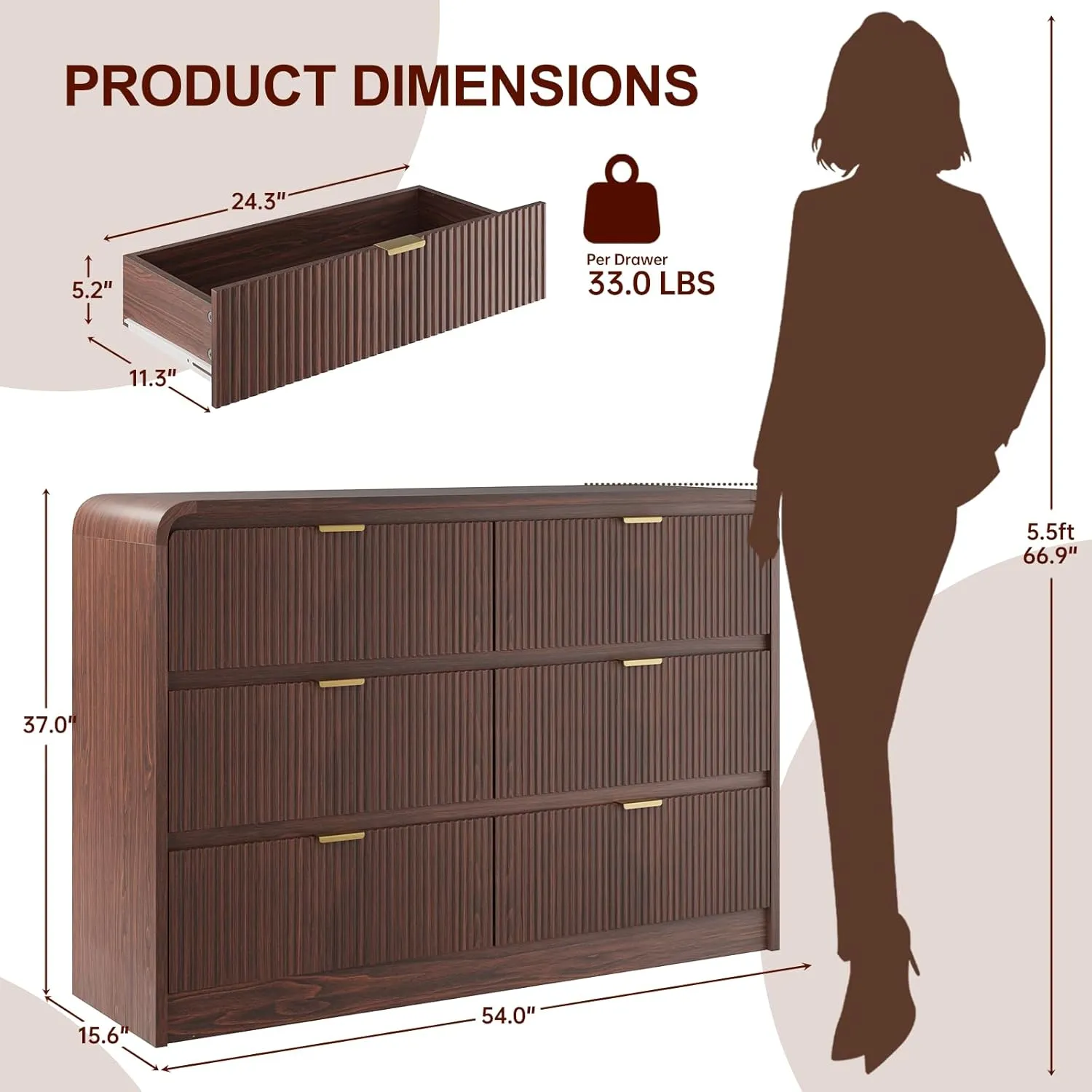 Fluted 6 Drawers Dresser for Bedroom, 54" Wide Wooden Dresser with Metal Handle, Curved Profile Design, Modern Storage Organizer for Living Room, Hallway (Walnut)