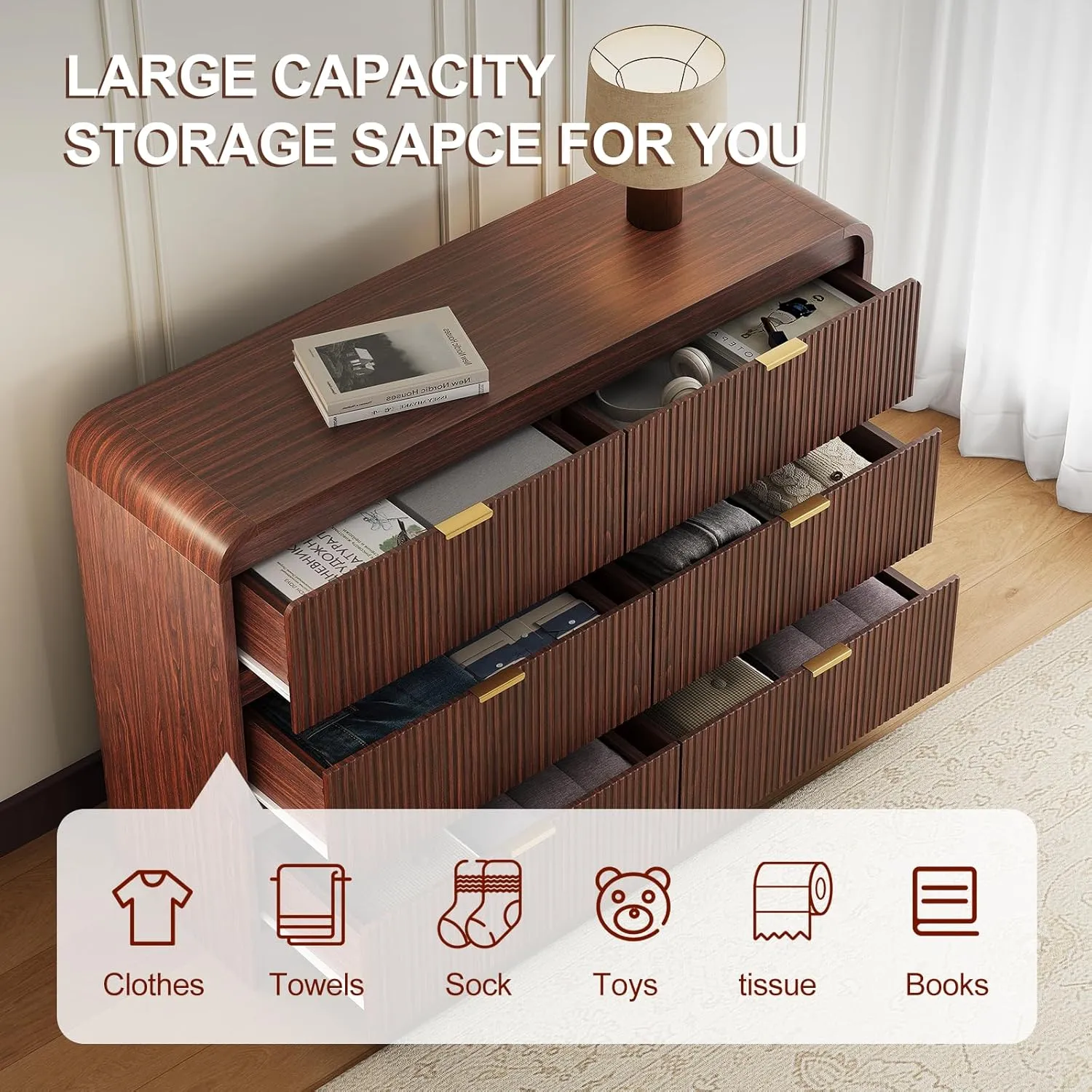 Fluted 6 Drawers Dresser for Bedroom, 54" Wide Wooden Dresser with Metal Handle, Curved Profile Design, Modern Storage Organizer for Living Room, Hallway (Walnut)