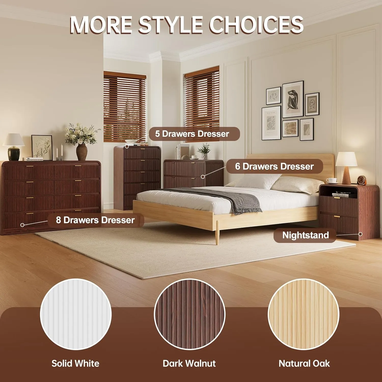 Fluted 6 Drawers Dresser for Bedroom, 54" Wide Wooden Dresser with Metal Handle, Curved Profile Design, Modern Storage Organizer for Living Room, Hallway (Walnut)