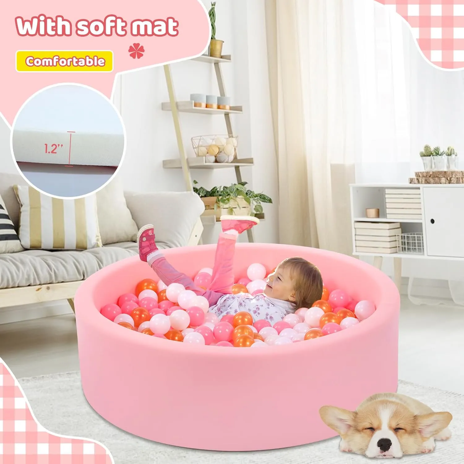 Foam Ball Pit for Toddlers, Large Baby Ball Pit for Babies with Soft Memory Sponge, Indoor Outdoor Baby Playpen, Kids Play Ball Pool, Gift Toys for Infants Boys and Girls (Pink, NO Balls)