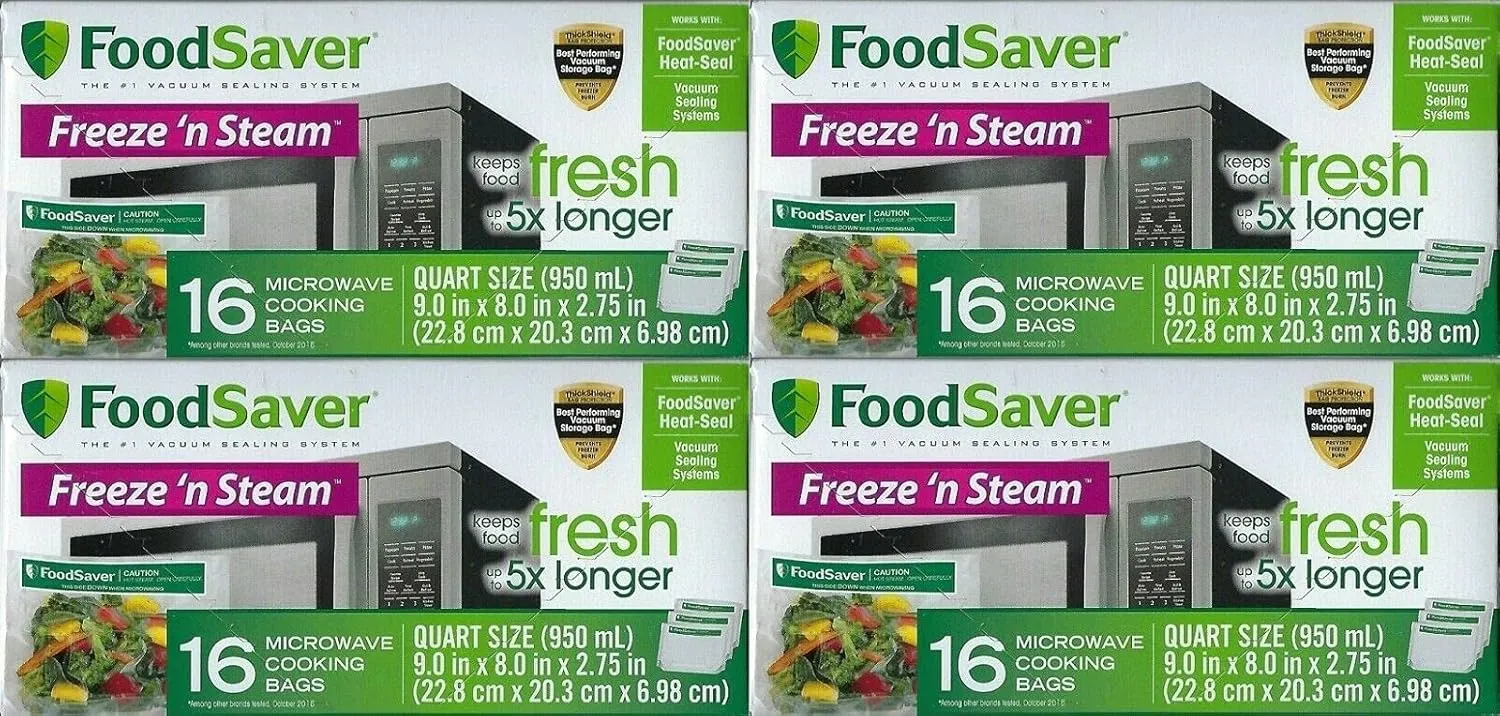 FoodSaver 1-Quart Freeze 'n Steam Microwavable Single-Cooking Bags, 16 Count, Clear (Pack of 4)