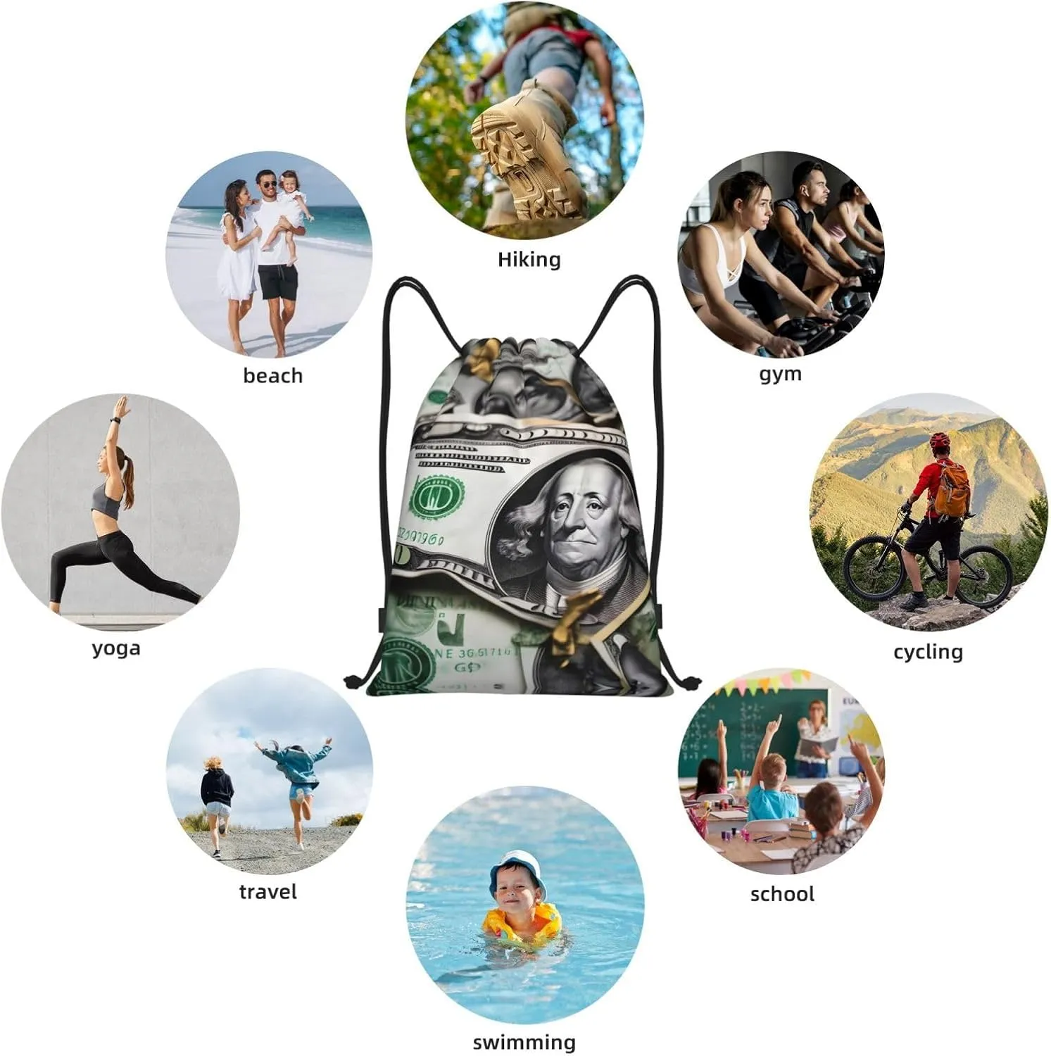 FoRes Banknote Patterns Versatile Drawstring Bags - Lightweight Gym Sackpack for Sports, Yoga, Dance, and Travel