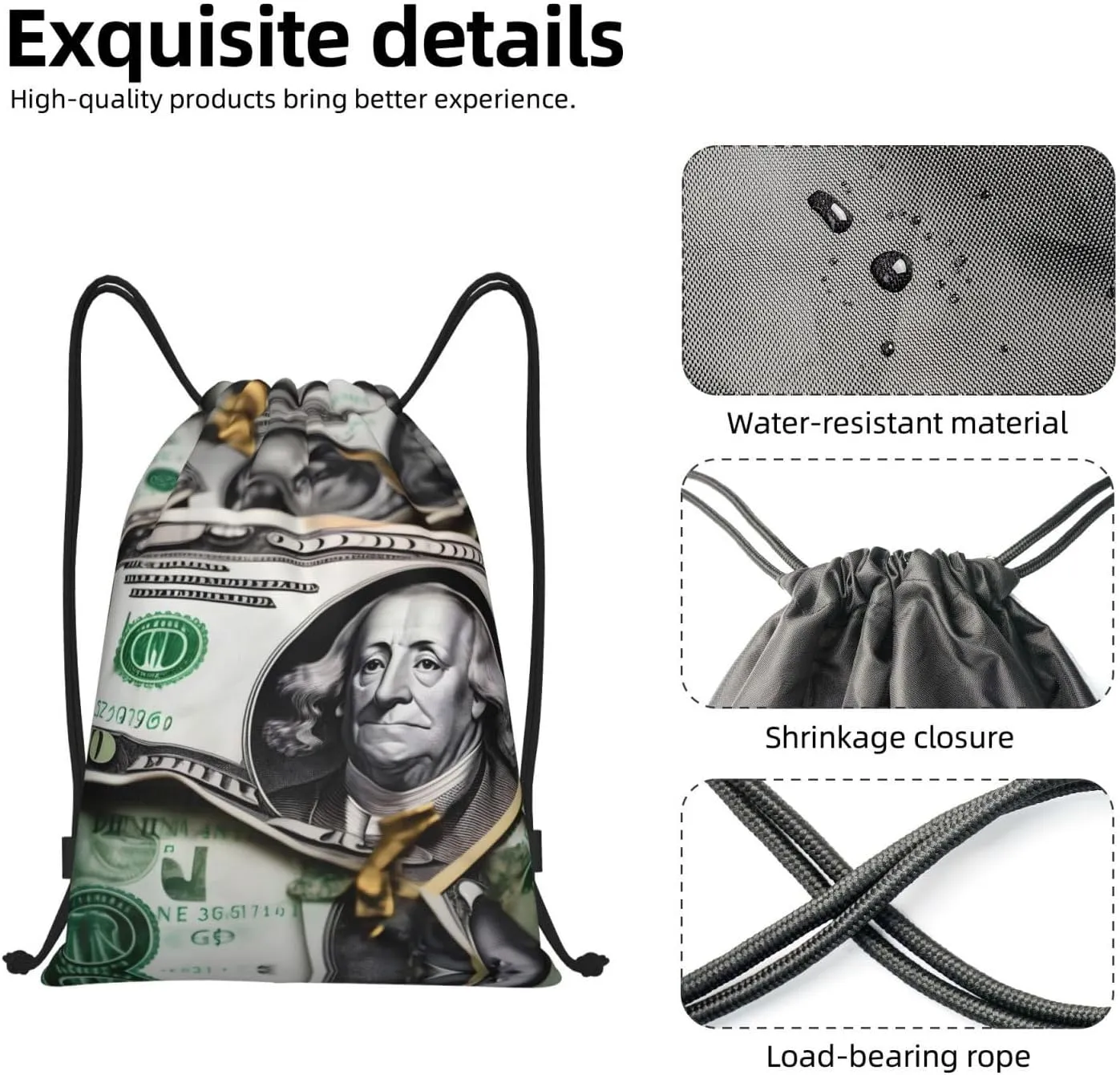 FoRes Banknote Patterns Versatile Drawstring Bags - Lightweight Gym Sackpack for Sports, Yoga, Dance, and Travel