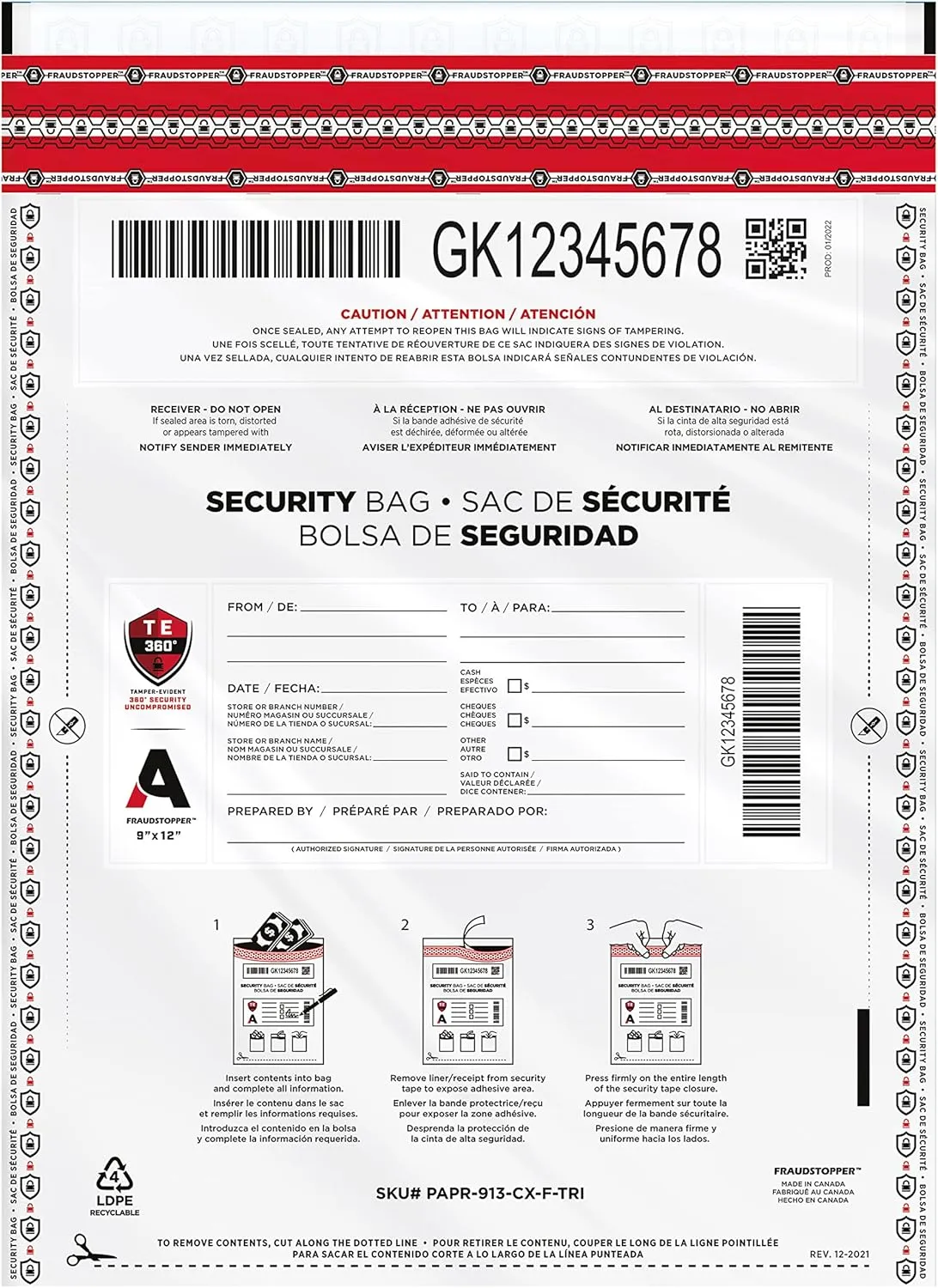 Fraudstopper Level 4 9x12 White Tamper Evident Bag (100)