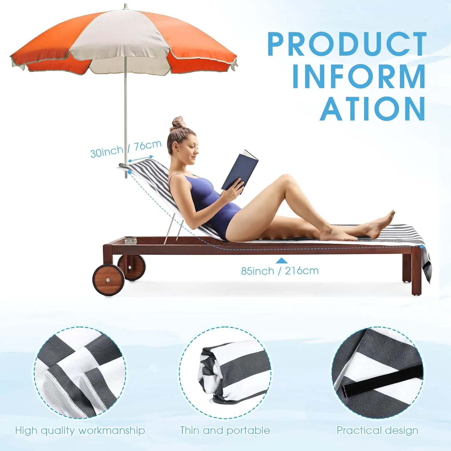 Fumete 2 Packs Pool Lounge Chair Cover 30 x 85 Inch Patio Chaise Lounge Covers Microfiber Beach Chair Towel Portable Stripe Chair Cushion for Summer Outdoor Lounger Sunbathing(Gray)