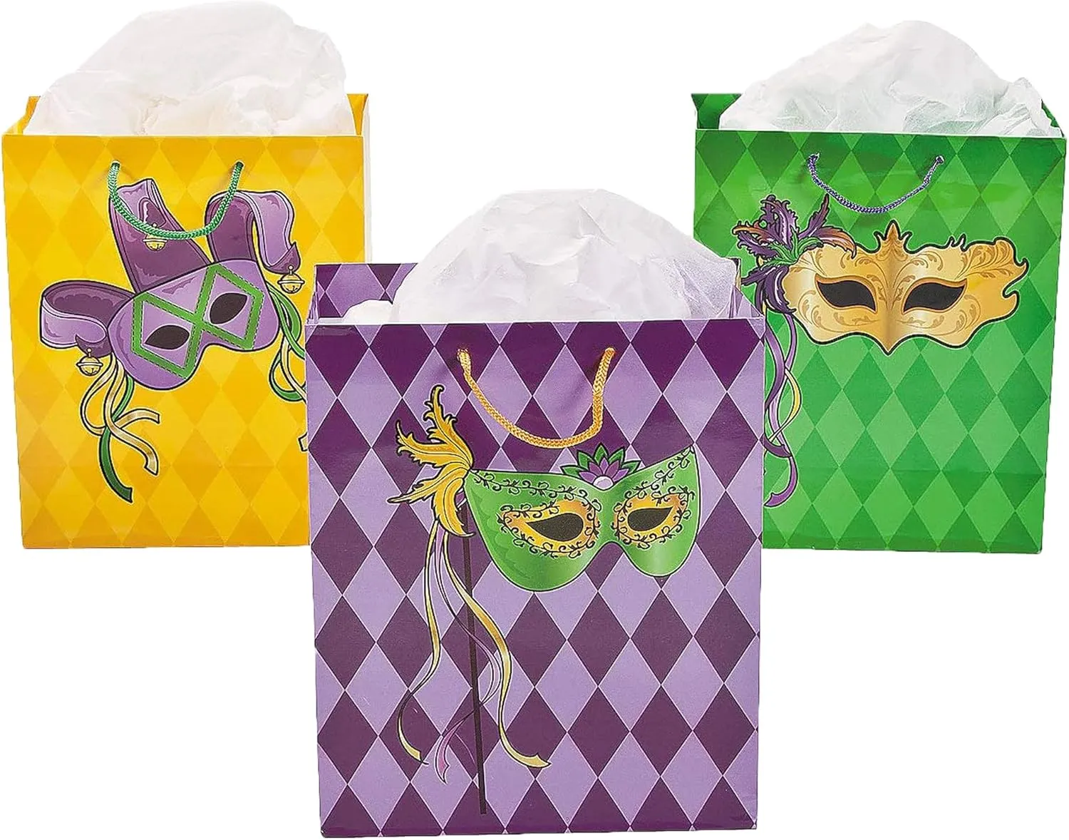 Fun Express Mardi Gras Masquerade Gift Bags (set of 12) - 7.25" x 3.5" x 8.75" - Party Supplies