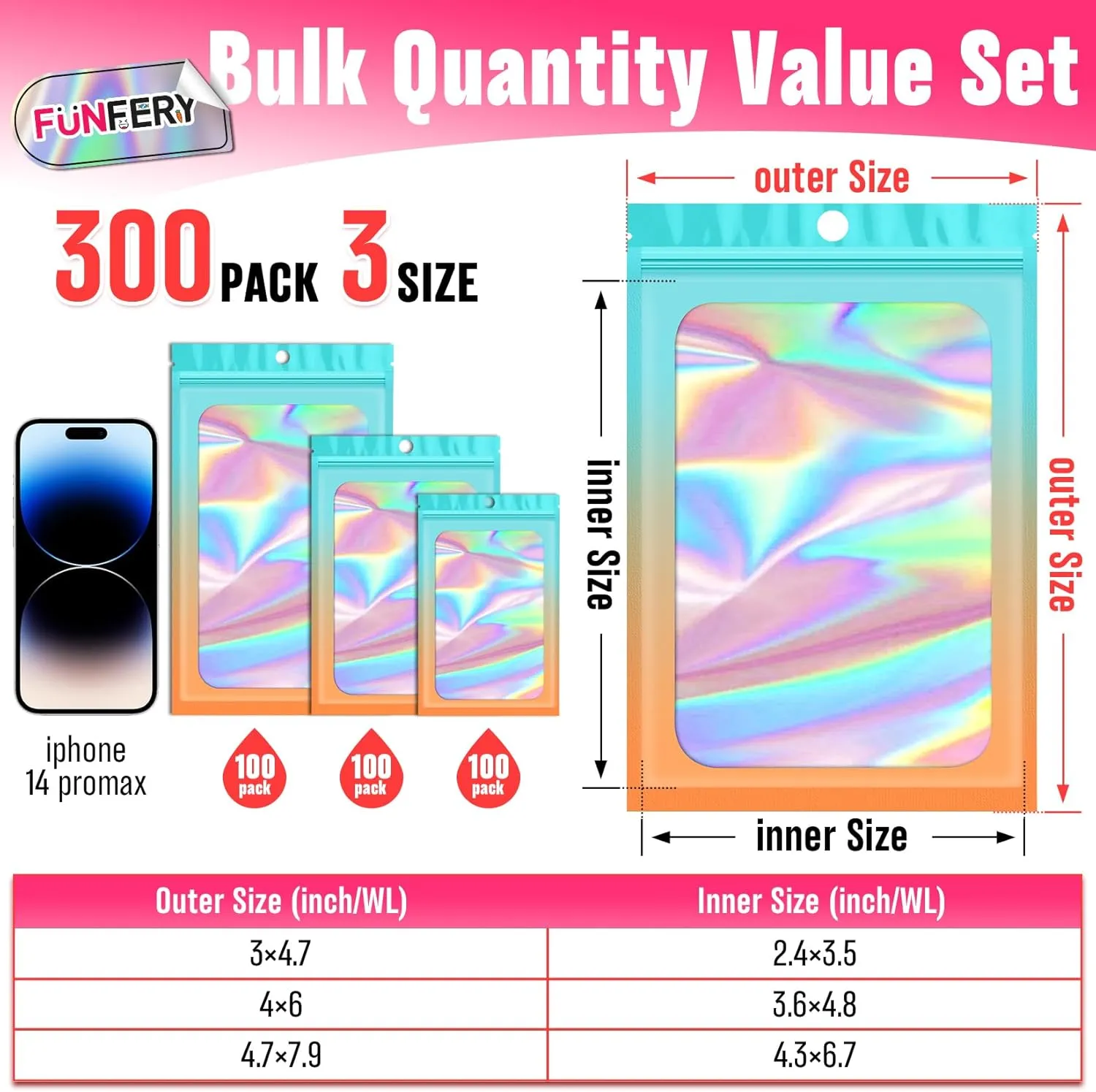 Funfery 300 Pack 3 Size Mylar Holographic Bags with Clear Window,Resealable Bag Smell Proof Foil Baggies Packaging Pouch for Food Storage,Sample,Small Business(Blue Orange,3x4.7,4x6,4.7x7.9in)