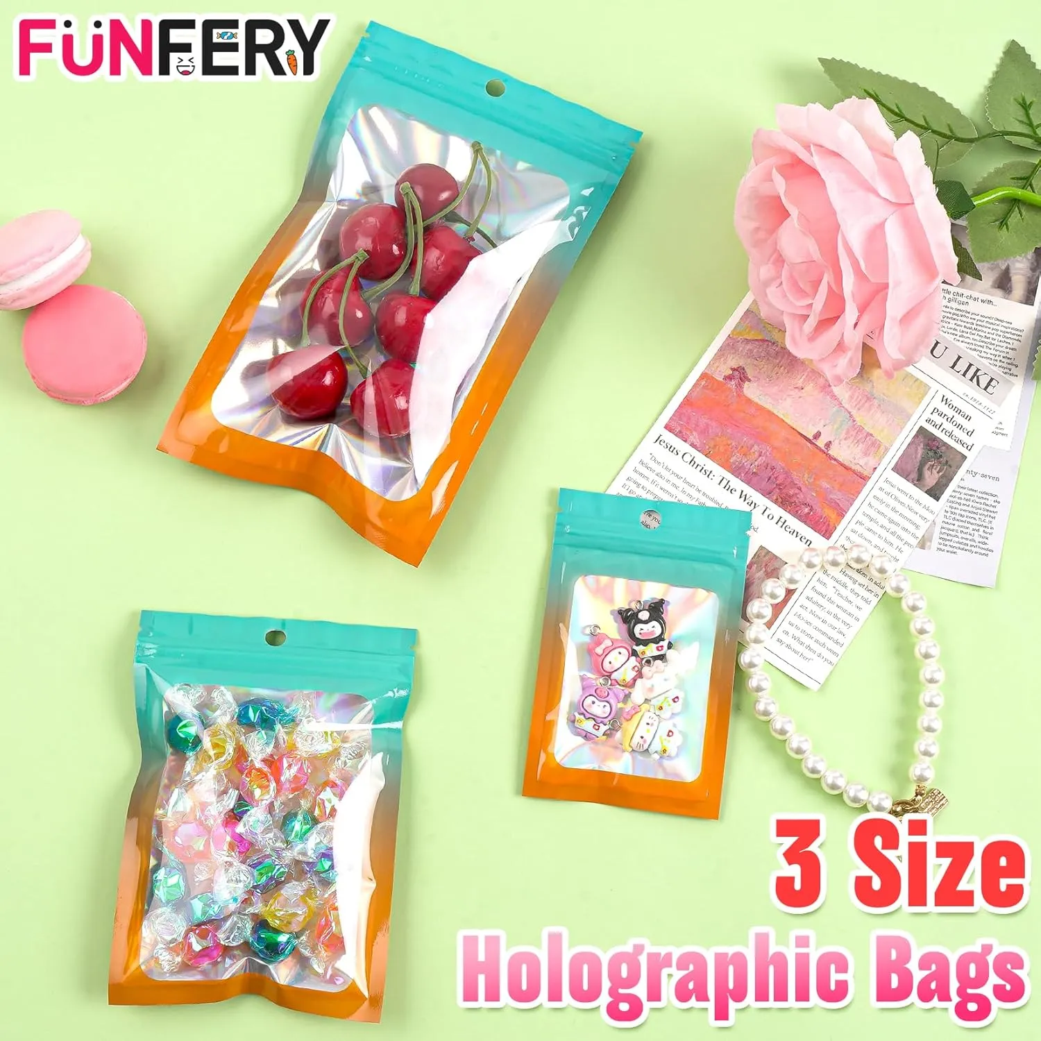 Funfery 300 Pack 3 Size Mylar Holographic Bags with Clear Window,Resealable Bag Smell Proof Foil Baggies Packaging Pouch for Food Storage,Sample,Small Business(Blue Orange,3x4.7,4x6,4.7x7.9in)