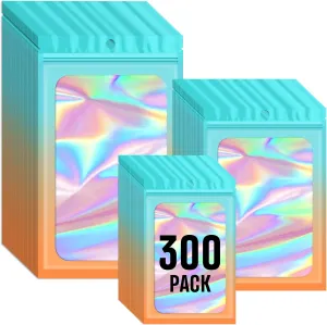 Funfery 300 Pack 3 Size Mylar Holographic Bags with Clear Window,Resealable Bag Smell Proof Foil Baggies Packaging Pouch for Food Storage,Sample,Small Business(Blue Orange,3x4.7,4x6,4.7x7.9in)