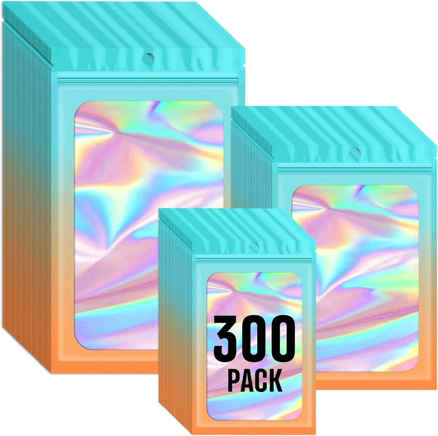 Funfery 300 Pack 3 Size Mylar Holographic Bags with Clear Window,Resealable Bag Smell Proof Foil Baggies Packaging Pouch for Food Storage,Sample,Small Business(Blue Orange,3x4.7,4x6,4.7x7.9in)