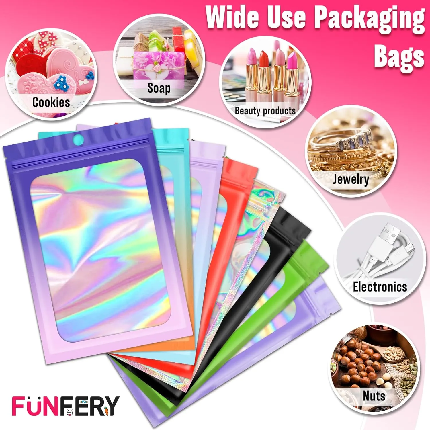 Funfery 300 Pack 3 Size Mylar Holographic Bags with Clear Window,Resealable Bag Smell Proof Foil Baggies Packaging Pouch for Food Storage,Sample,Small Business(Blue Orange,3x4.7,4x6,4.7x7.9in)