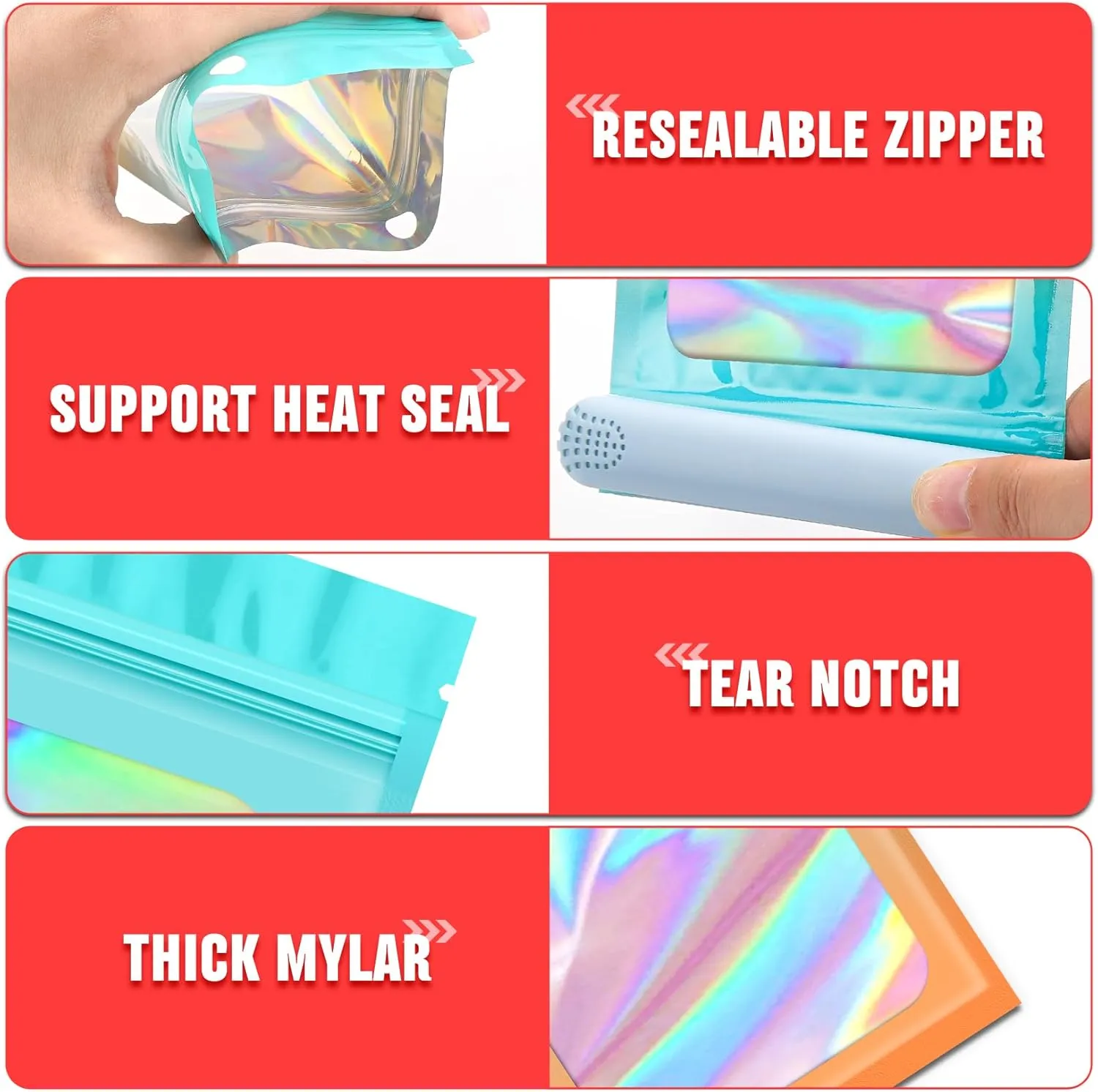 Funfery 300 Pack 3 Size Mylar Holographic Bags with Clear Window,Resealable Bag Smell Proof Foil Baggies Packaging Pouch for Food Storage,Sample,Small Business(Blue Orange,3x4.7,4x6,4.7x7.9in)