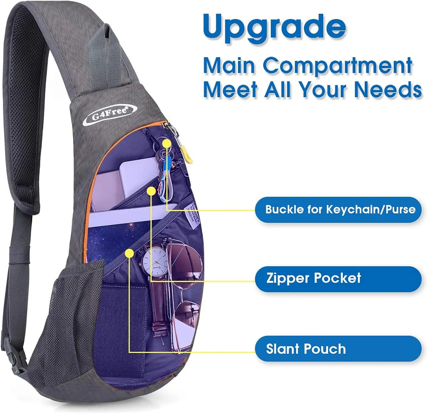G4Free Sling Bags Men and Women Shoulder Backpack Small Crossbody Chest Sling Backpack (Grey-orange)