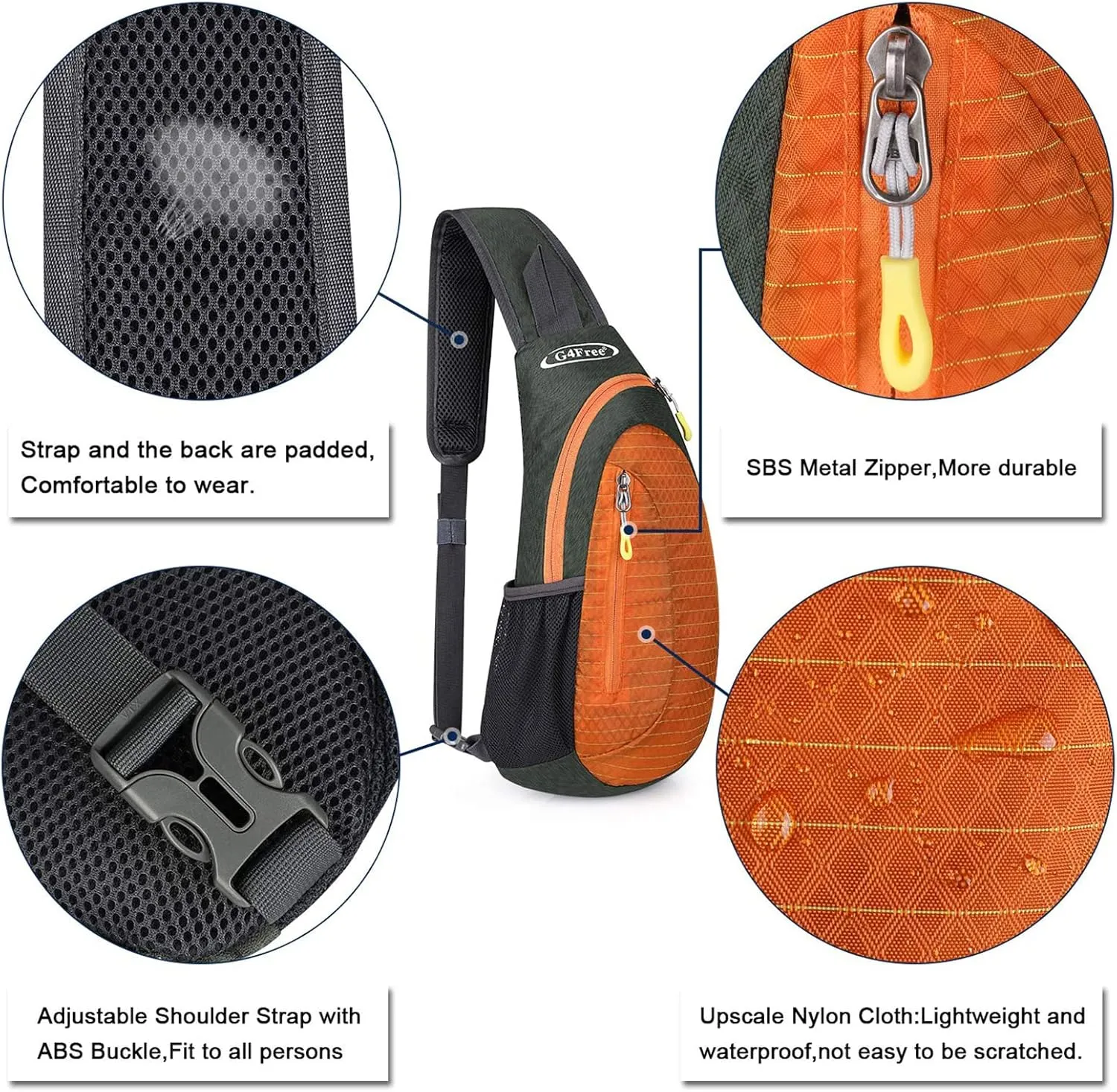 G4Free Sling Bags Men and Women Shoulder Backpack Small Crossbody Chest Sling Backpack (Grey-orange)