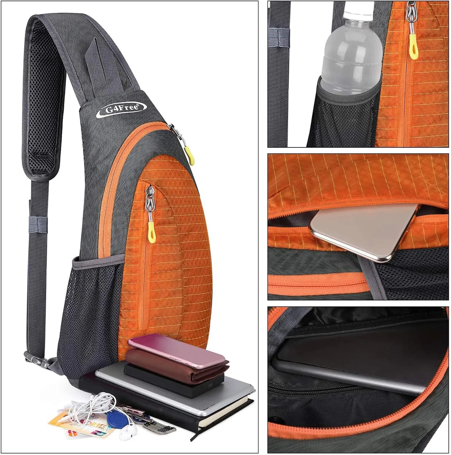 G4Free Sling Bags Men and Women Shoulder Backpack Small Crossbody Chest Sling Backpack (Grey-orange)