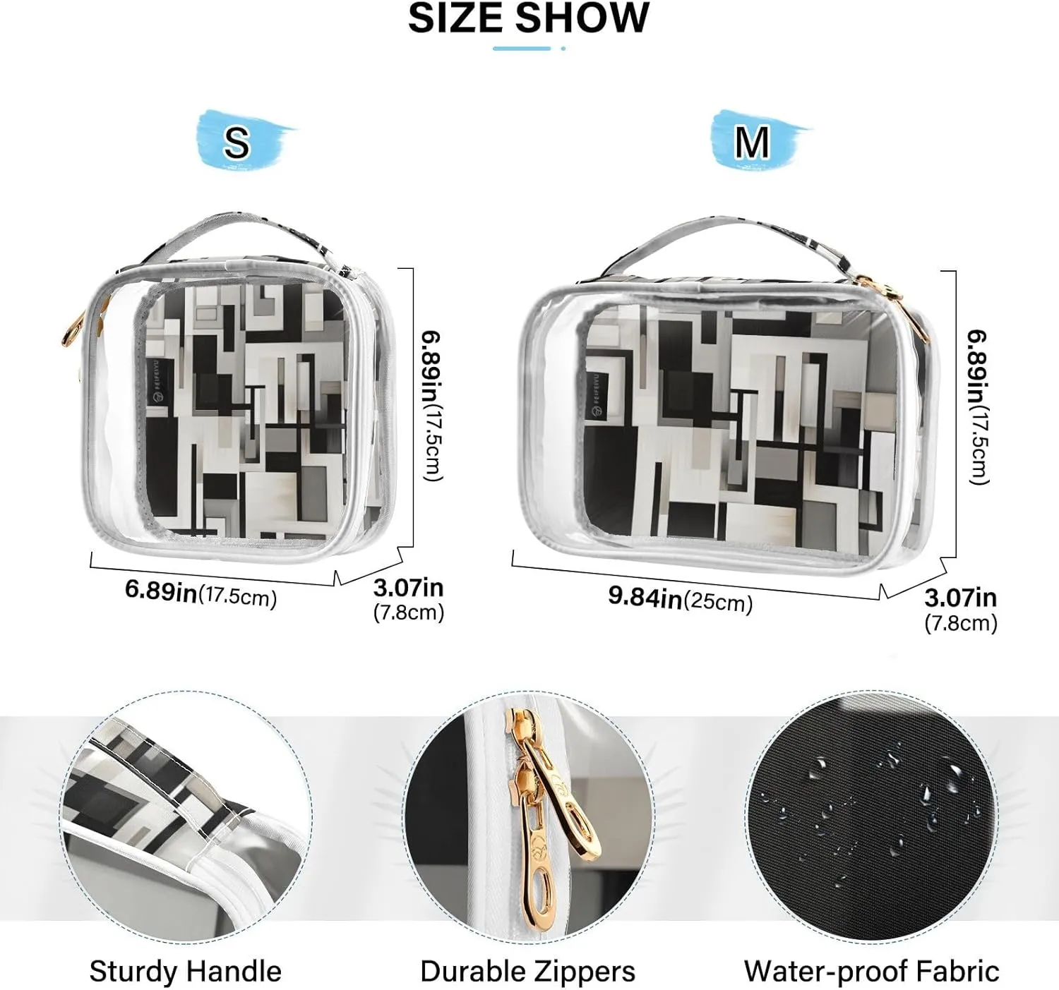GAIGEO Black and White Squares Clear Cosmetic Bag Set, Travel Toiletry Bag Tsa Approved, Cosmetic Travel Accessories, 2 Pack