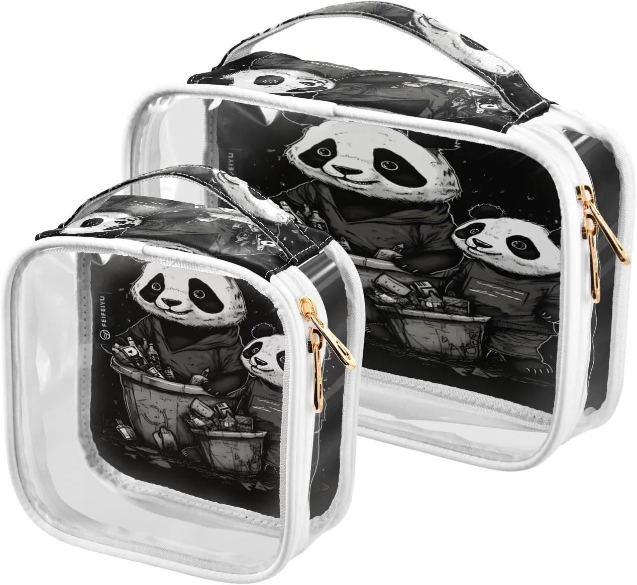 GAIGEO Black and White Two Pandas Zipper Clear Toiletry Bag, Bag for Cosmetics, Cosmetic Bag for Women, 2 Pack