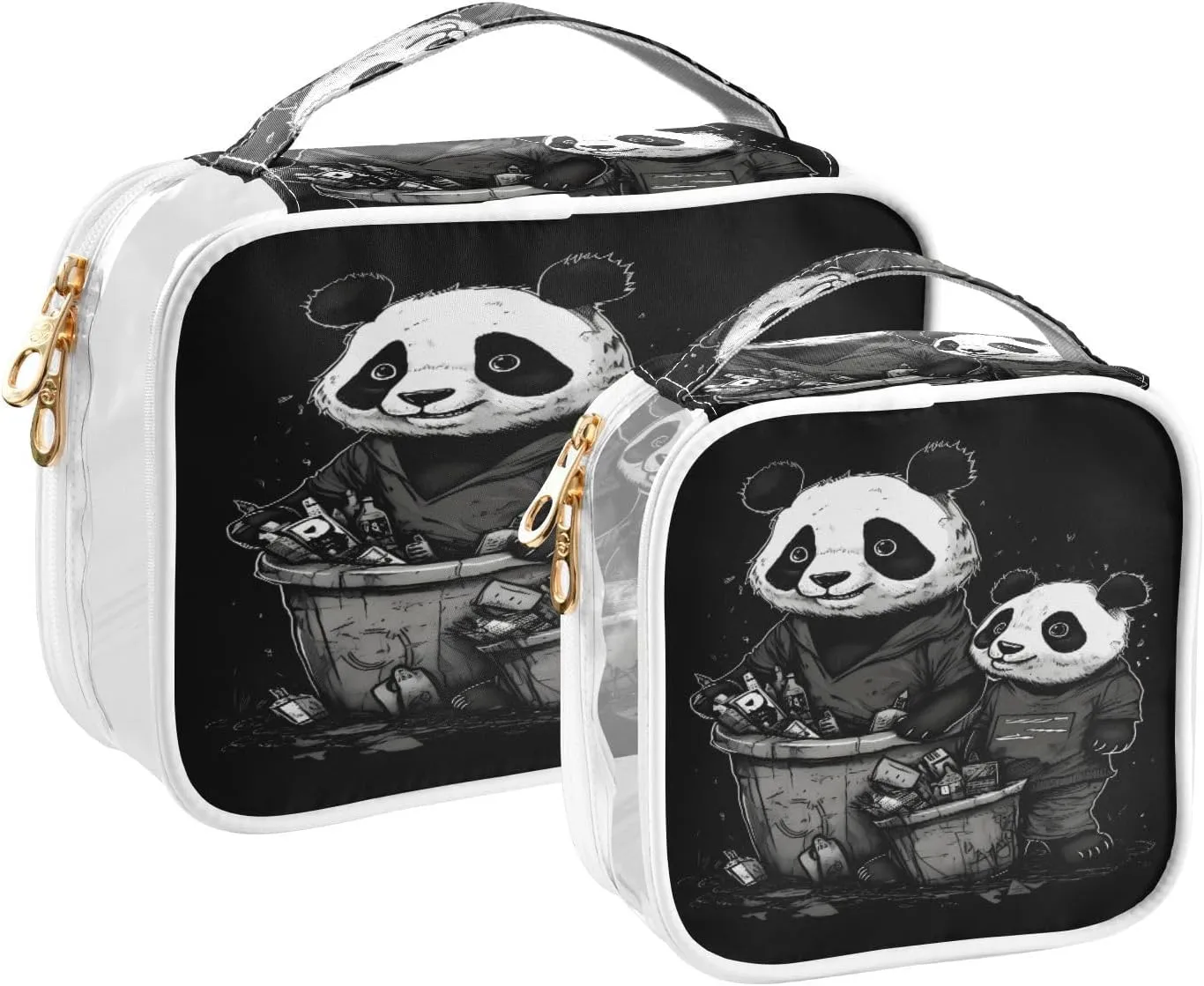 GAIGEO Black and White Two Pandas Zipper Clear Toiletry Bag, Bag for Cosmetics, Cosmetic Bag for Women, 2 Pack
