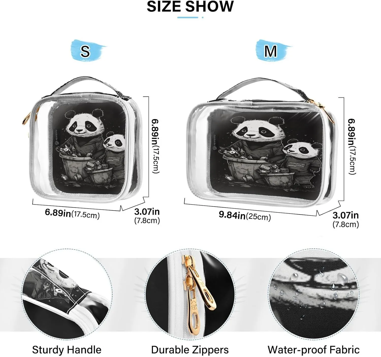 GAIGEO Black and White Two Pandas Zipper Clear Toiletry Bag, Bag for Cosmetics, Cosmetic Bag for Women, 2 Pack