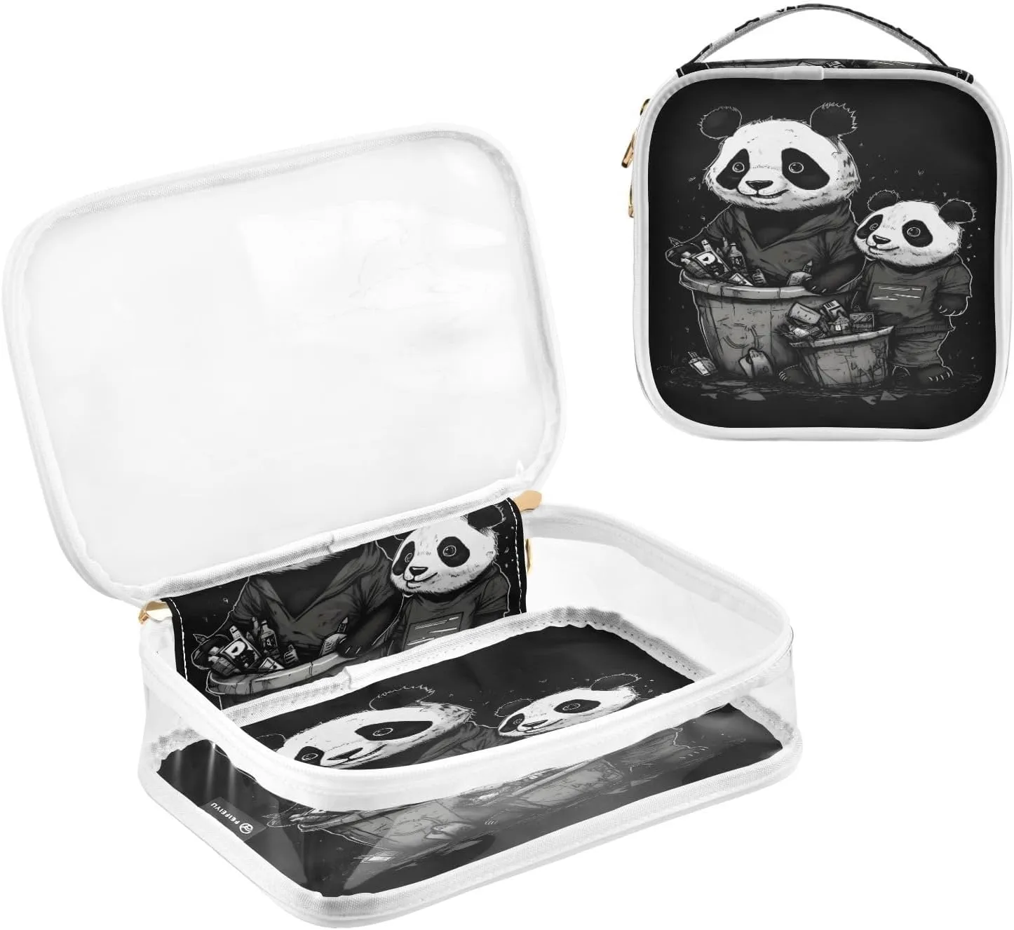GAIGEO Black and White Two Pandas Zipper Clear Toiletry Bag, Bag for Cosmetics, Cosmetic Bag for Women, 2 Pack