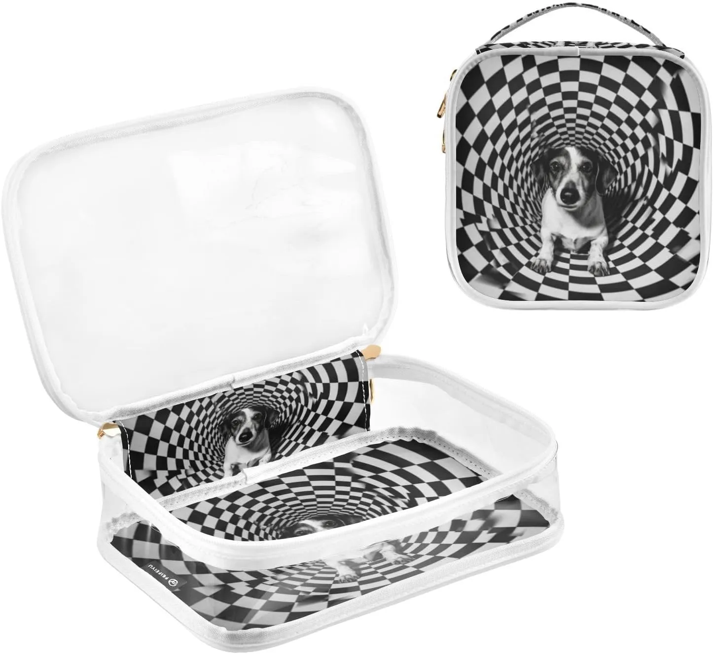 GAIGEO Black White Square Geometric Puppy Travel Transparent Bag, Transparent Cosmetic Travel Bag, Travel Accessories Bags, 2 Pack