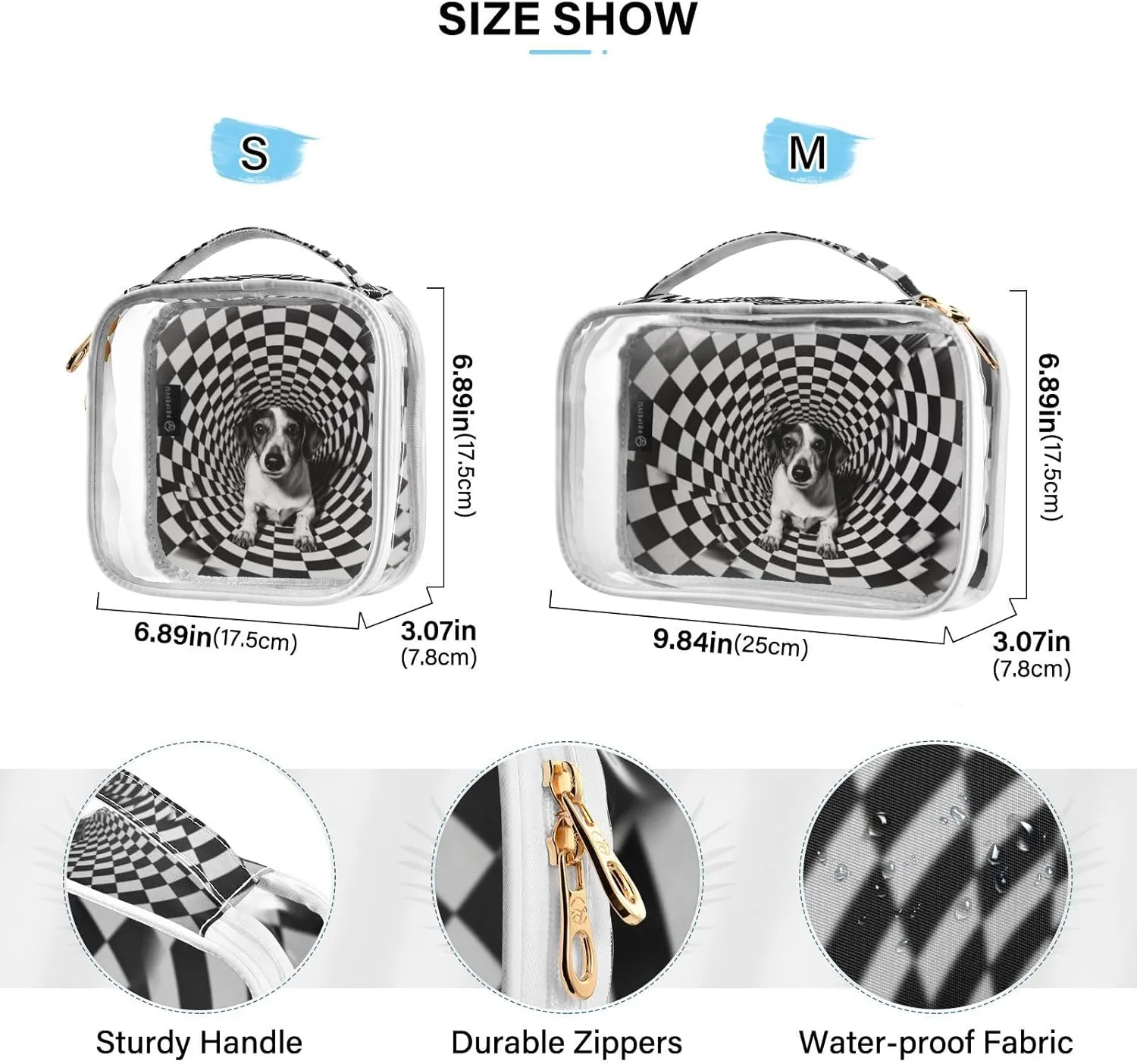 GAIGEO Black White Square Geometric Puppy Travel Transparent Bag, Transparent Cosmetic Travel Bag, Travel Accessories Bags, 2 Pack