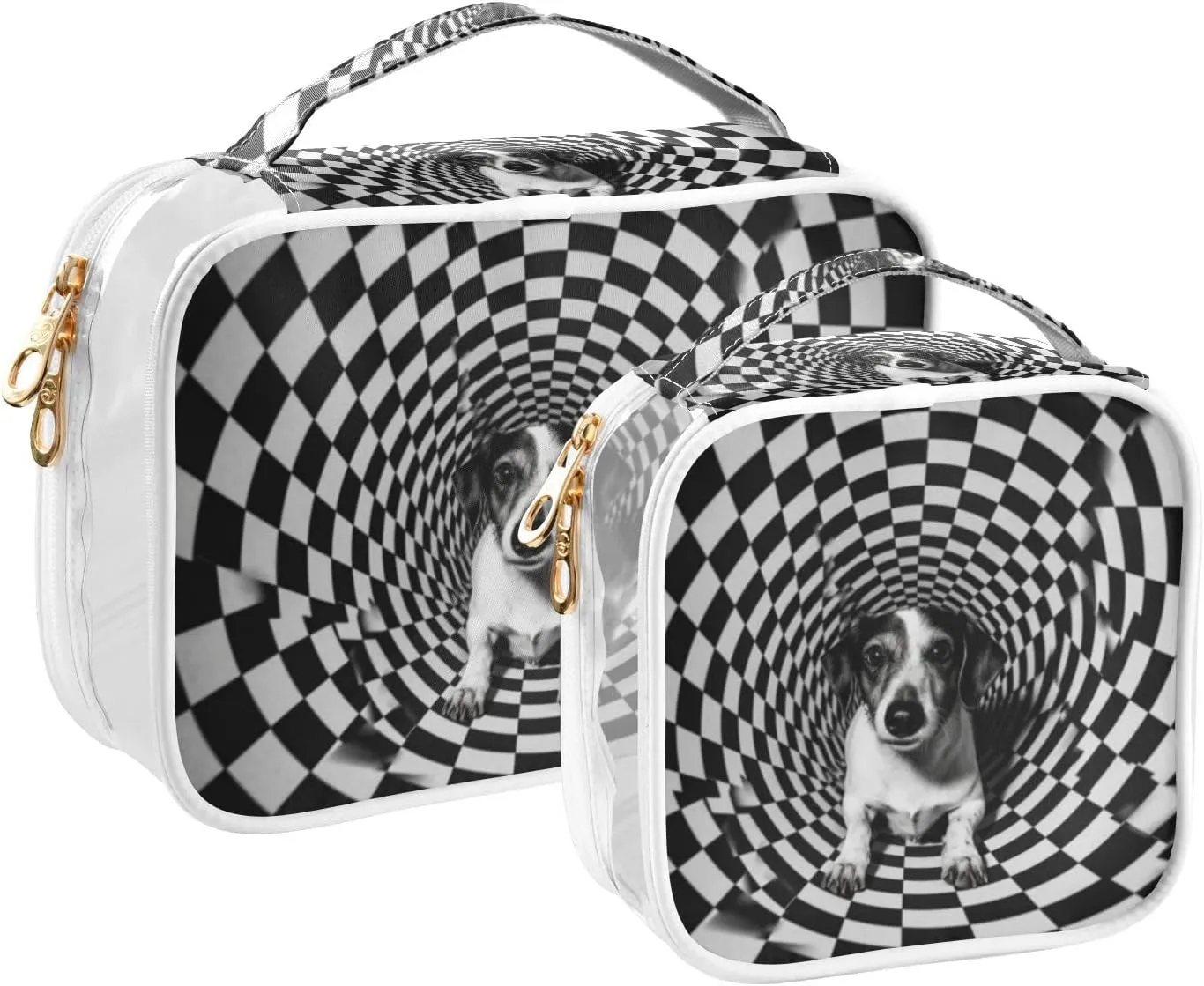GAIGEO Black White Square Geometric Puppy Travel Transparent Bag, Transparent Cosmetic Travel Bag, Travel Accessories Bags, 2 Pack