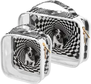 GAIGEO Black White Square Geometric Puppy Travel Transparent Bag, Transparent Cosmetic Travel Bag, Travel Accessories Bags, 2 Pack