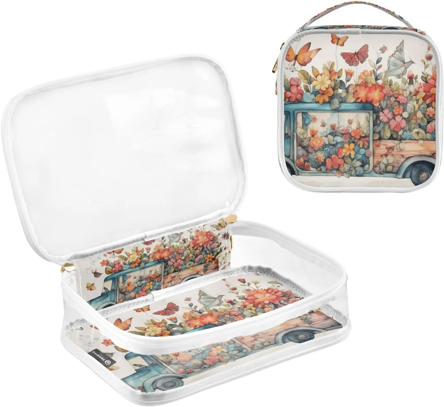 GAIGEO Colorful Flowers Romantic Butterfly Spring Truck Clear Tolietries Bag, Toiletry Bag for Car, Cosmetic Travel Bags for Women, 2 Pack