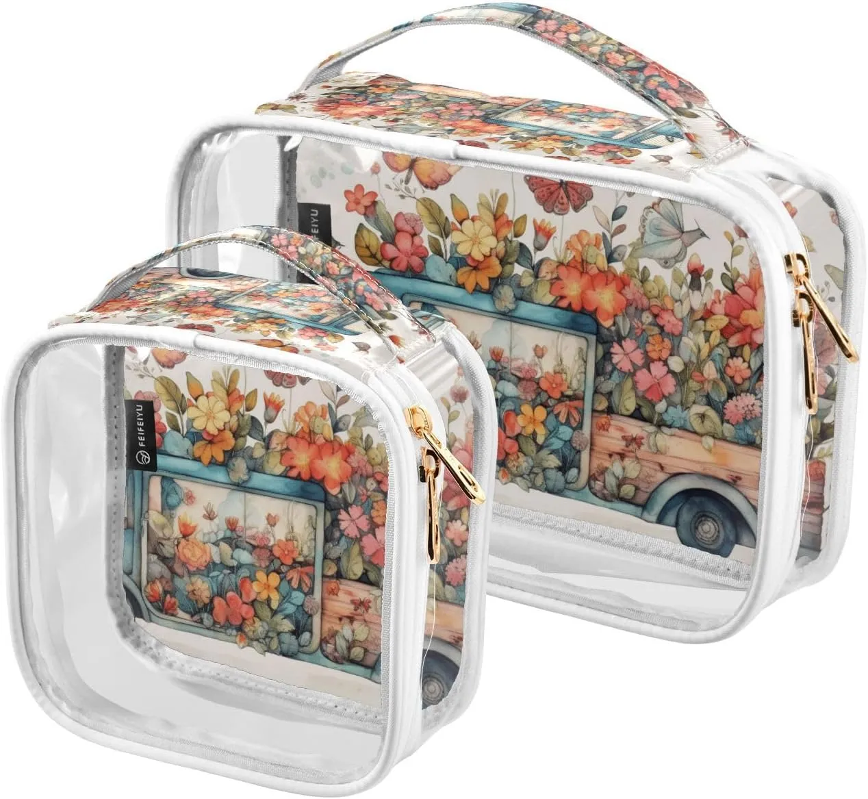 GAIGEO Colorful Flowers Romantic Butterfly Spring Truck Clear Tolietries Bag, Toiletry Bag for Car, Cosmetic Travel Bags for Women, 2 Pack
