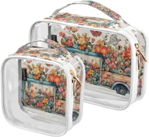 GAIGEO Colorful Flowers Romantic Butterfly Spring Truck Clear Tolietries Bag, Toiletry Bag for Car, Cosmetic Travel Bags for Women, 2 Pack