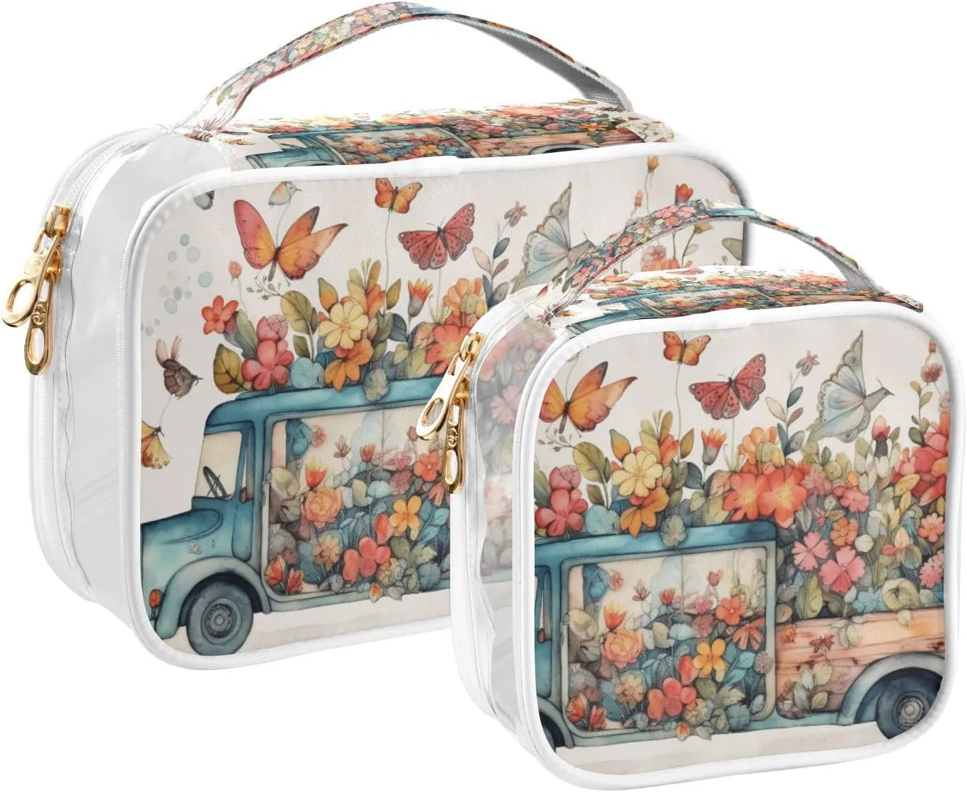 GAIGEO Colorful Flowers Romantic Butterfly Spring Truck Clear Tolietries Bag, Toiletry Bag for Car, Cosmetic Travel Bags for Women, 2 Pack