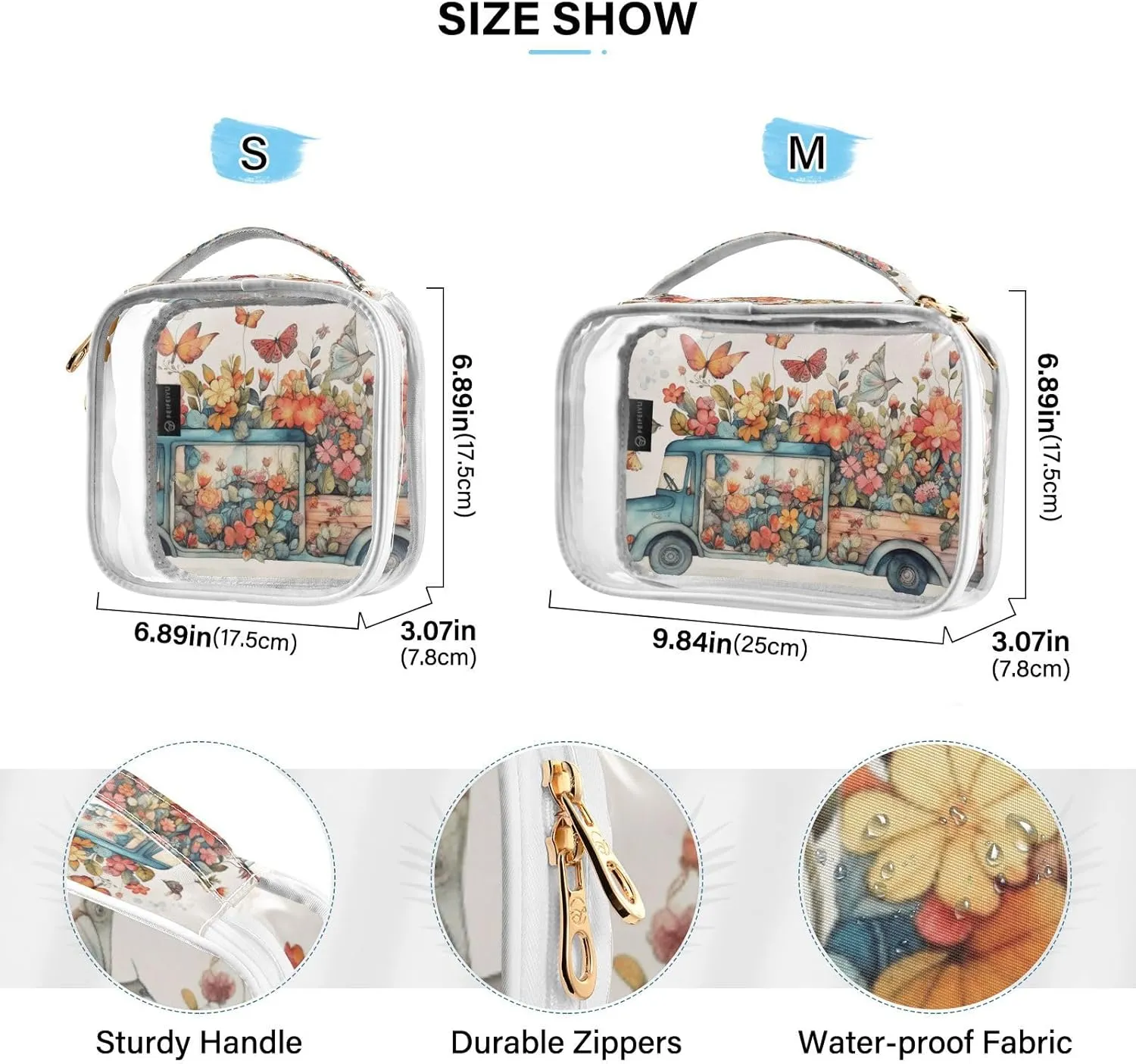 GAIGEO Colorful Flowers Romantic Butterfly Spring Truck Clear Tolietries Bag, Toiletry Bag for Car, Cosmetic Travel Bags for Women, 2 Pack