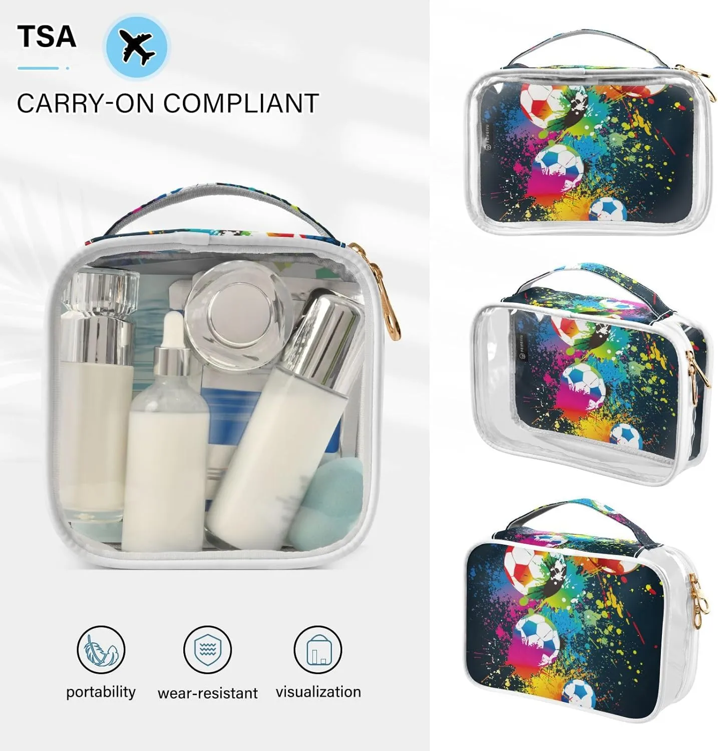 GAIGEO Colorful Football Clear Toiletry Bag Set, Transparent Travel Makeup Bag, Travel Accessories Bags, 2 Pack