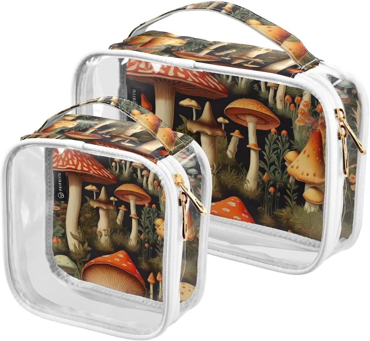 GAIGEO Colorful Forest Mushrooms 2 Pack Clear Toiletry Bag Set, Plastic Make up Bag, Clear Cosmetic Bags with Zipper for Travel