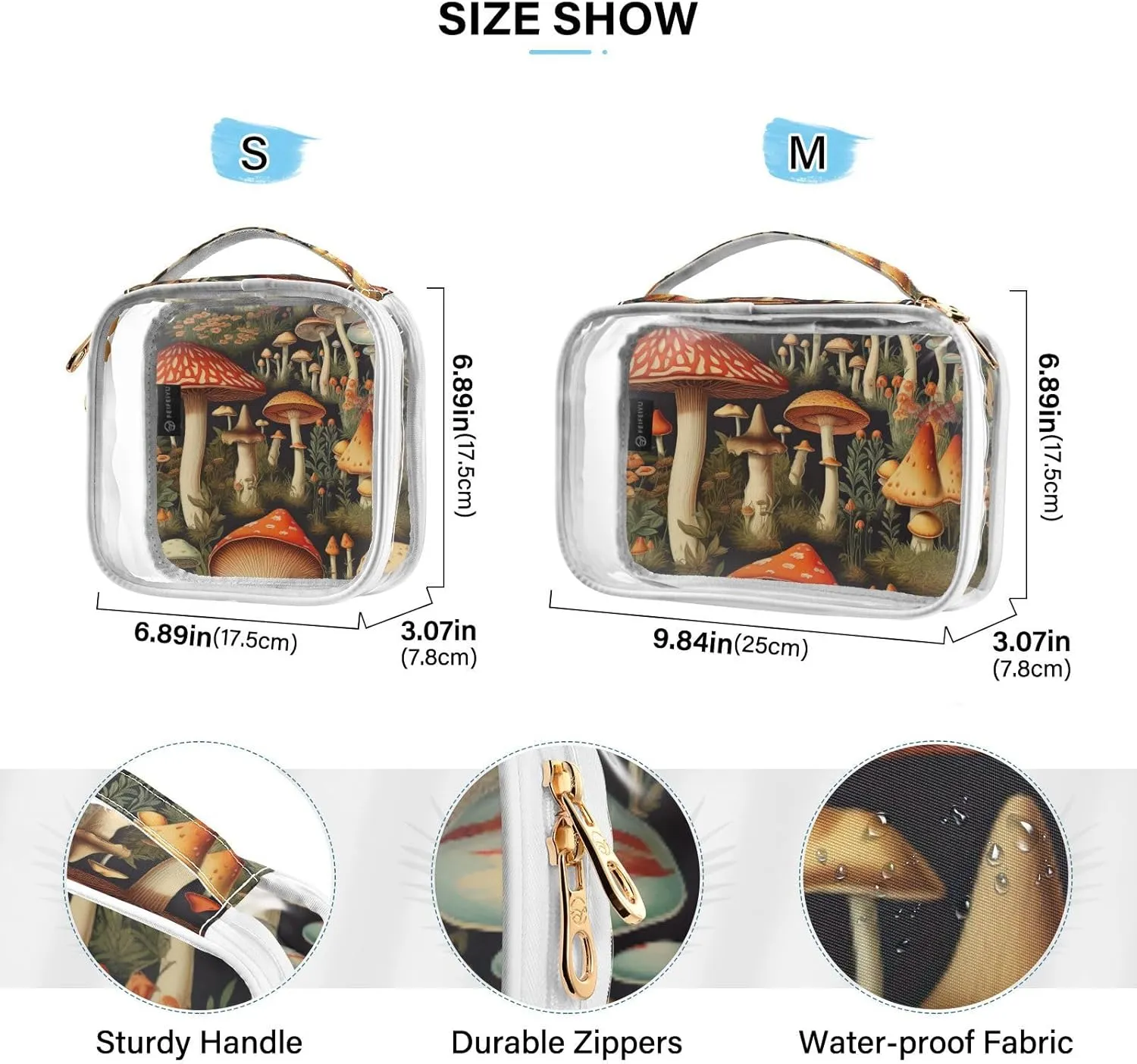 GAIGEO Colorful Forest Mushrooms 2 Pack Clear Toiletry Bag Set, Plastic Make up Bag, Clear Cosmetic Bags with Zipper for Travel