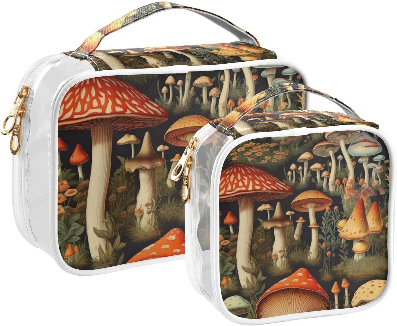 GAIGEO Colorful Forest Mushrooms 2 Pack Clear Toiletry Bag Set, Plastic Make up Bag, Clear Cosmetic Bags with Zipper for Travel