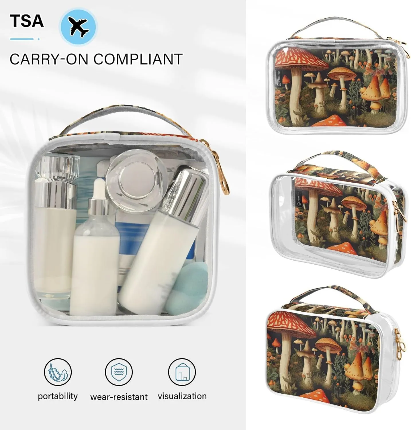 GAIGEO Colorful Forest Mushrooms 2 Pack Clear Toiletry Bag Set, Plastic Make up Bag, Clear Cosmetic Bags with Zipper for Travel