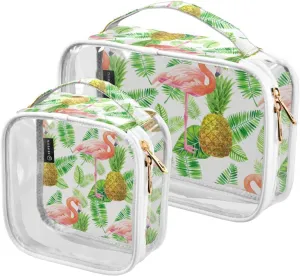 GAIGEO Flamingo Pineapple Leaves Travel Transparent Bag, Transparent Make up Bag, Clear Toiletry Bag for Men, 2 Pack