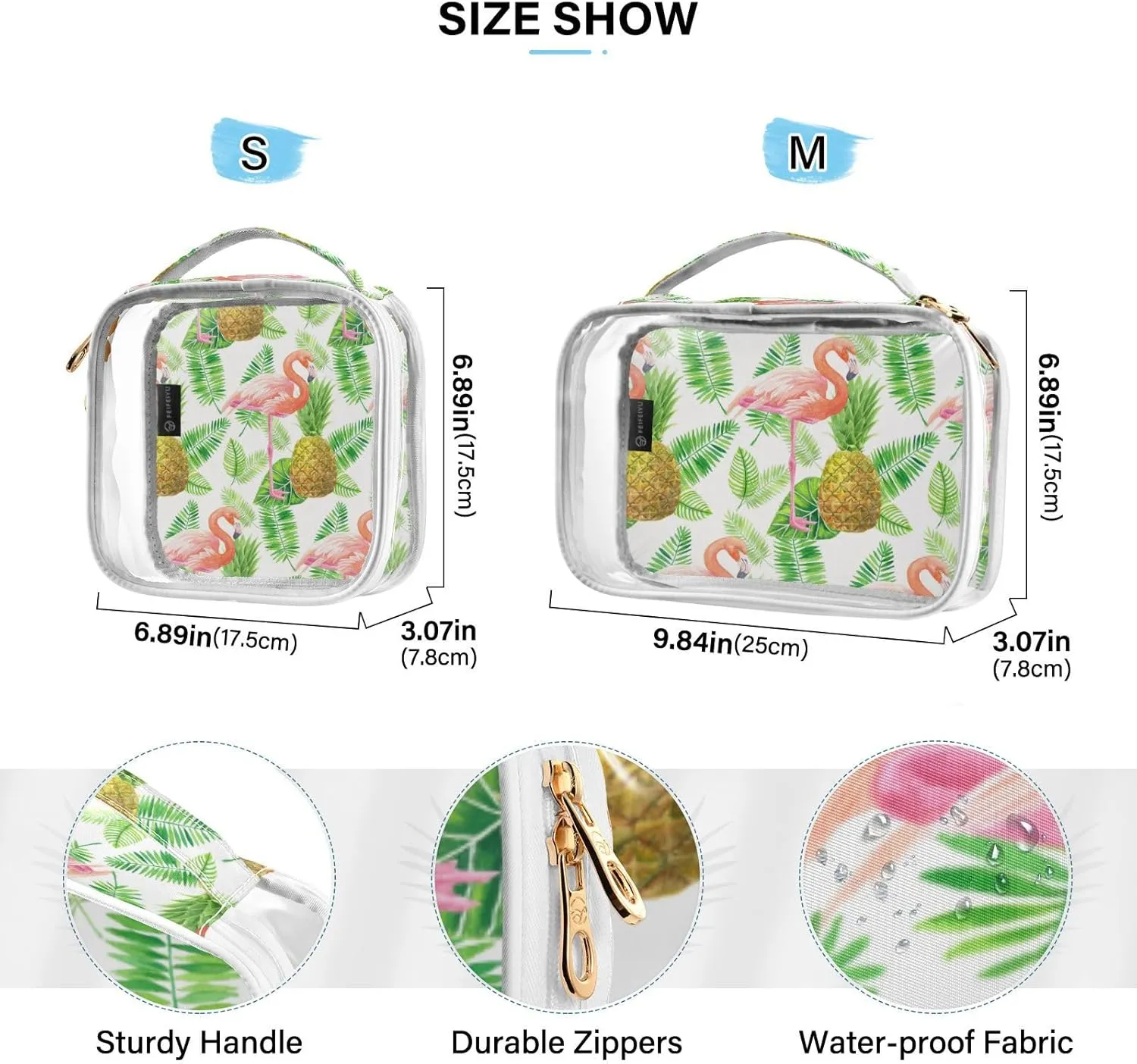 GAIGEO Flamingo Pineapple Leaves Travel Transparent Bag, Transparent Make up Bag, Clear Toiletry Bag for Men, 2 Pack