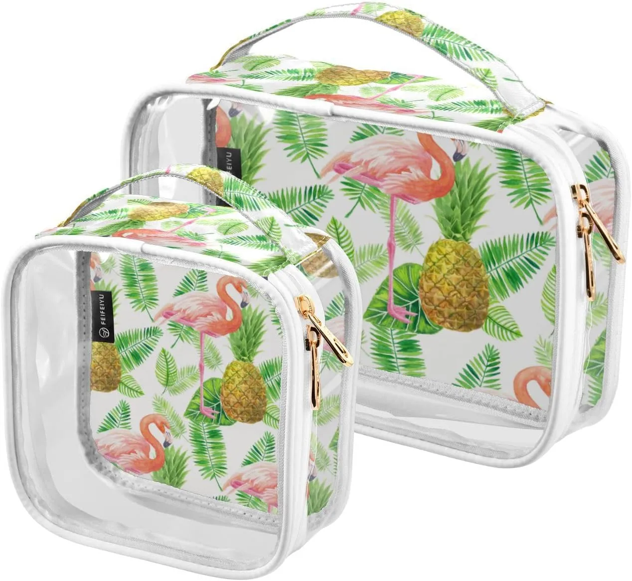 GAIGEO Flamingo Pineapple Leaves Travel Transparent Bag, Transparent Make up Bag, Clear Toiletry Bag for Men, 2 Pack