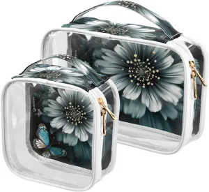 GAIGEO Flower Butterfly 2 Pack Travel Transparent Bag, Clear Makeup Bag with Zipper, Organizer Bag for Travel